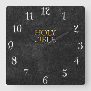 Holy Bible Christian Religion Faux Black Leather Square Wall Clock