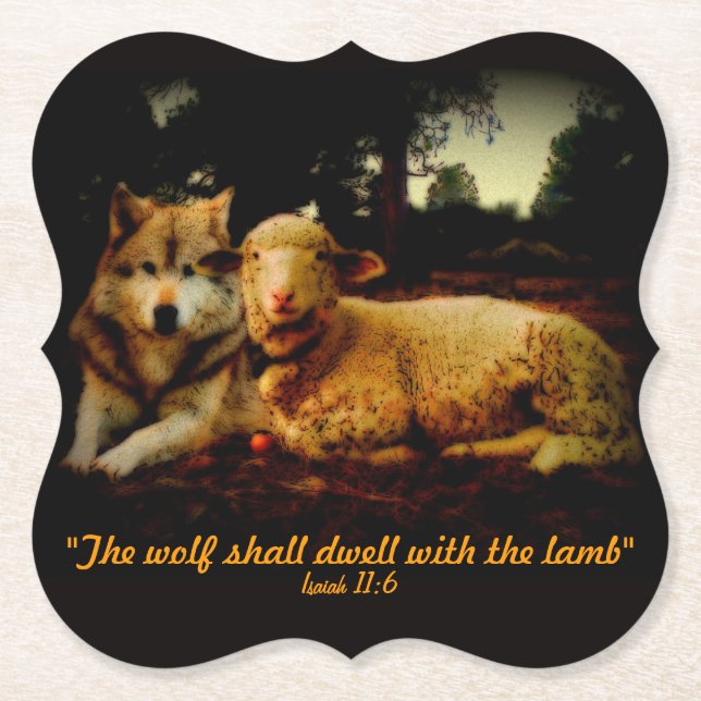Holy Bible, The wolf and the lamb, Isaiah 11:6 Paper Coaster (Front)