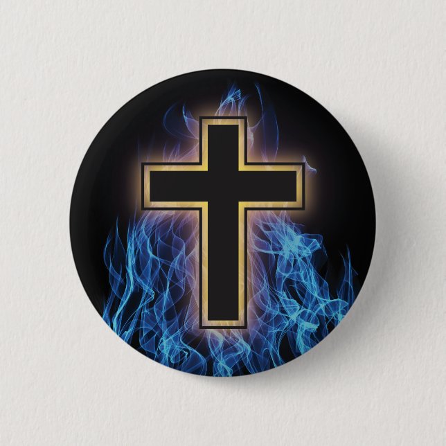 HOLY BLUE FIRE CROSS! CHRISTIAN SPIRITUAL POWER 6 CM ROUND BADGE (Front)