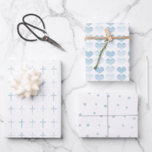 Holy Communion Blue Cross Hearts and Dots Wrapping Paper Sheet