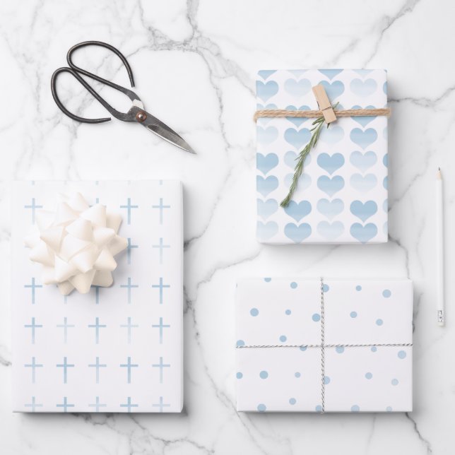 Holy Communion Blue Cross Hearts and Dots Wrapping Paper Sheet (Front)