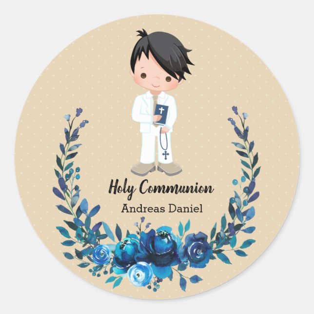 Holy Communion blue wreath Classic Round Sticker (Front)