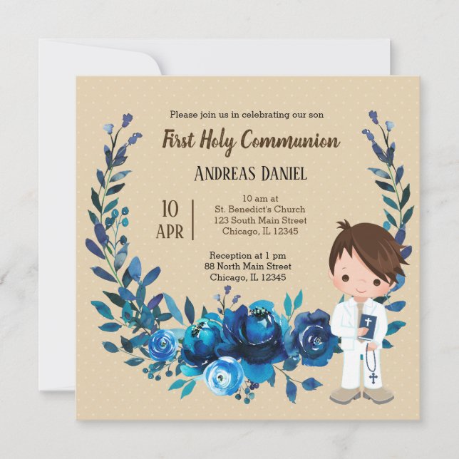 Holy Communion blue wreath Invitation (Front)