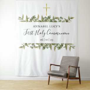 Holy Communion Gold Cross Greenery Photo Backdrop Tapestry