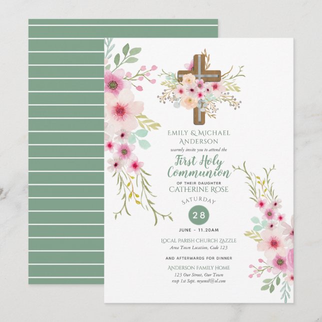 HOLY Communion Invitations Floral Cross Pink Sage (Front/Back)