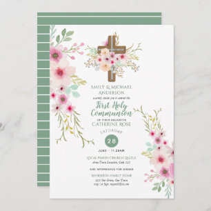 HOLY Communion Invitations Floral Cross Pink Sage