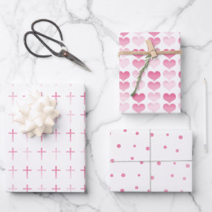 Holy Communion Pink Cross Hearts and Dots Wrapping Paper Sheet