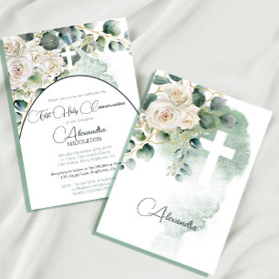 Holy Communion Roses Green Religious Cross Invitation