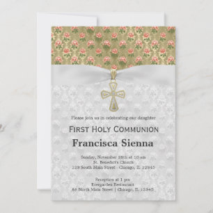 Holy Communion roses on antique gold Invitation