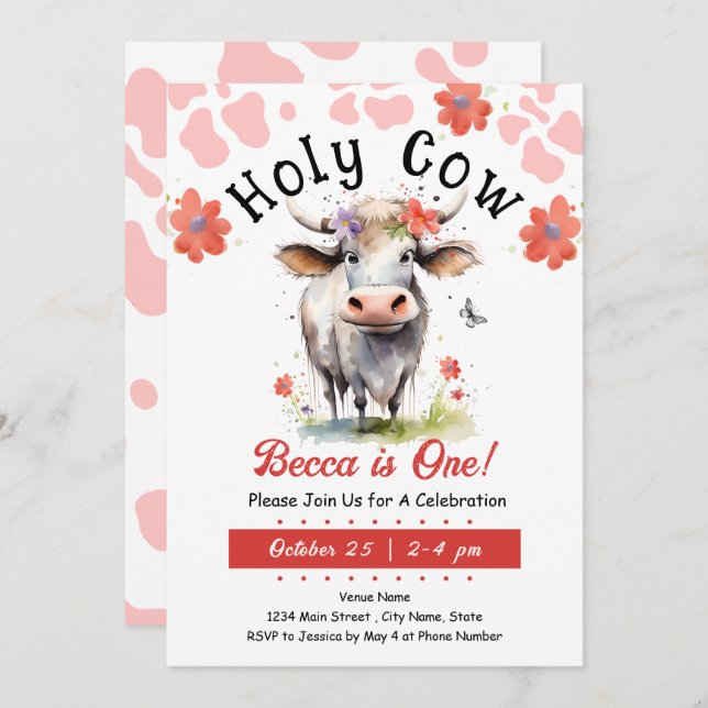 Holy Cow 1st Birthday Girl Invitation (Front/Back)
