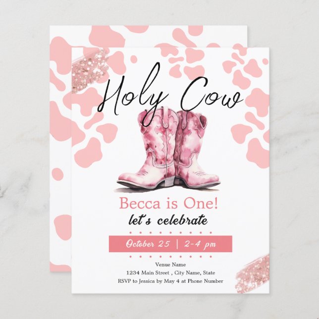 Holy Cow 1st Cowgirl Boots Birthday Girl (Front/Back)