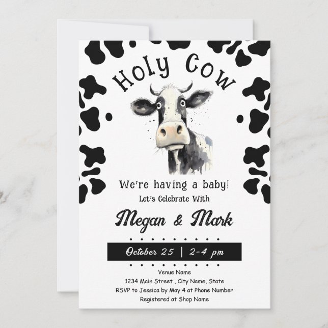 Holy Cow Baby Shower Watercolor Invitation (Front)