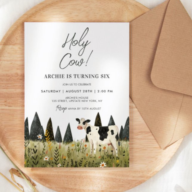 Holy Cow Birthday Cow Party Watercolor Cute Kids Invitation (Holy Cow Birthday Invitation Farm Birthday Cowboy Cute Illustration Watercolor Template Digital Cute)