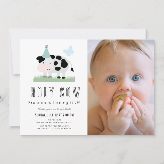 Holy Cow Blue Butterfly Boy 1st Birthday Photo Invitation (Front)