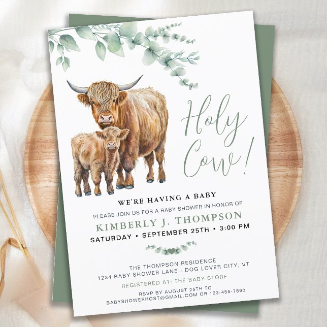 Holy Cow Boho Greenery Highland Cow Baby Shower Invitation (Creator Uploaded)