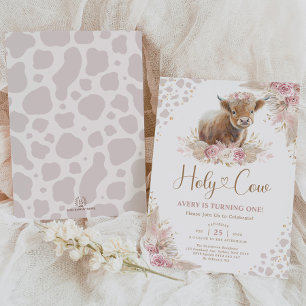 Holy Cow Boho Pampas Highland Cow Girl Birthday Invitation