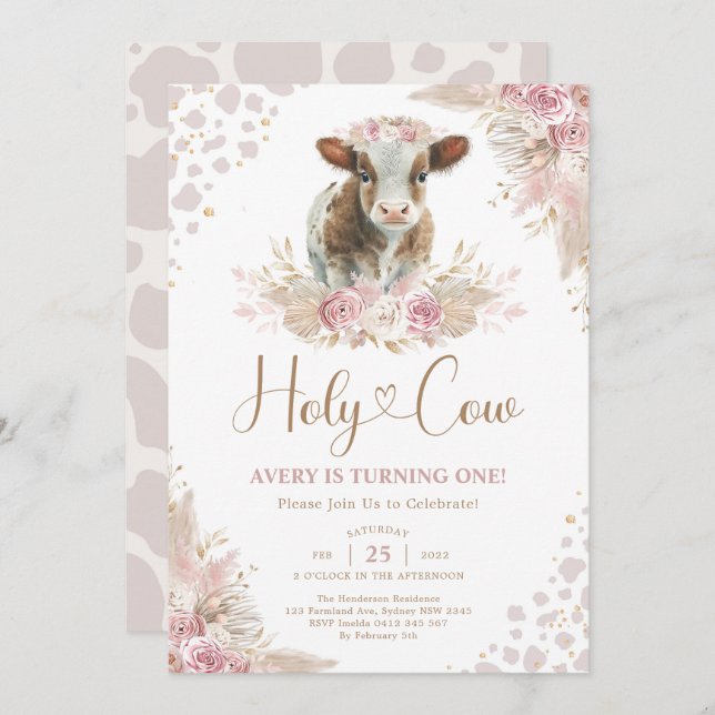 Holy Cow Boho Pink Pampas Cow Baby Girl Birthday Invitation (Front/Back)