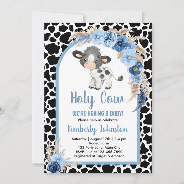 Holy Cow boy baby shower blue boho farm invitation (Front)