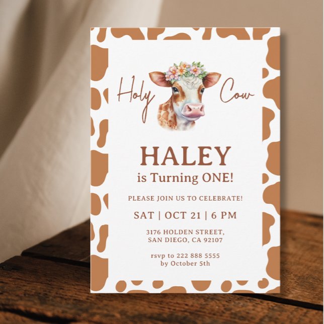 Holy Cow Brown Print 1st Baby Birthday Invitation (Creator Uploaded)