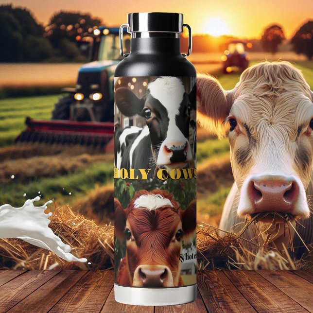 Holy Cow Collage Cool Milk Hot Chocolate Water Bottle (Insulated water bottle featuring a collage of cute cows - cool milk or hot chocolate)