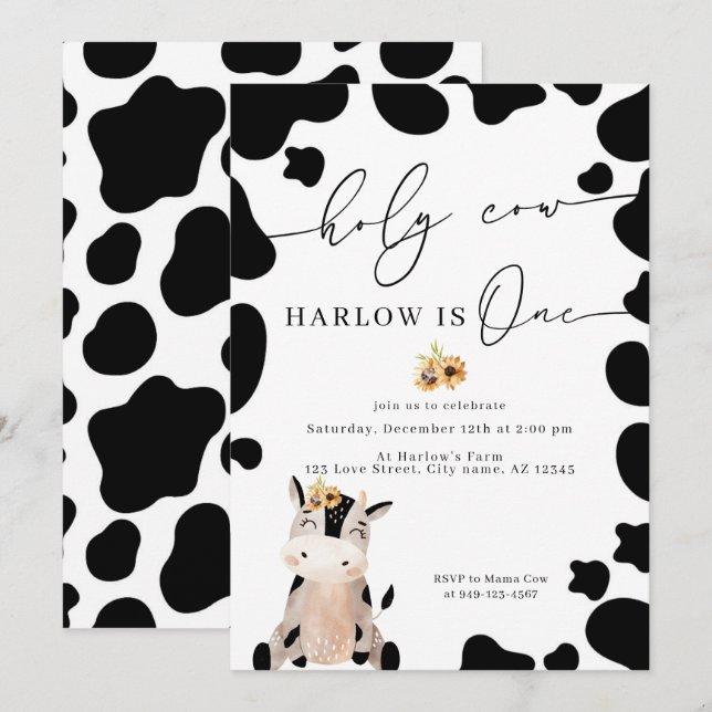 Holy Cow Country Farm Sunflower First Birthday Invitation (Front/Back)