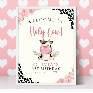 Holy cow! - Cute 1st Birthday Girl with Cow Theme Poster