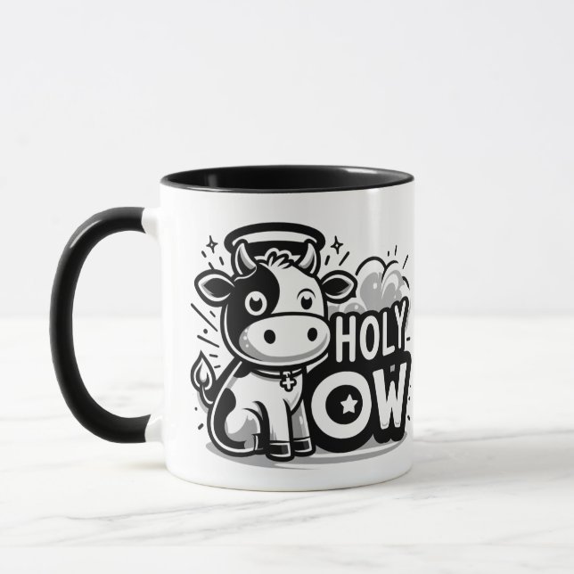 Holy Cow Cute Angel Cow Mug – Funny Black & White  (Left)