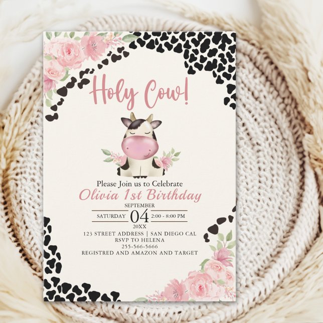 Holy Cow Cute Cow 1 st Birthday Girl Invitation (Creator Uploaded)