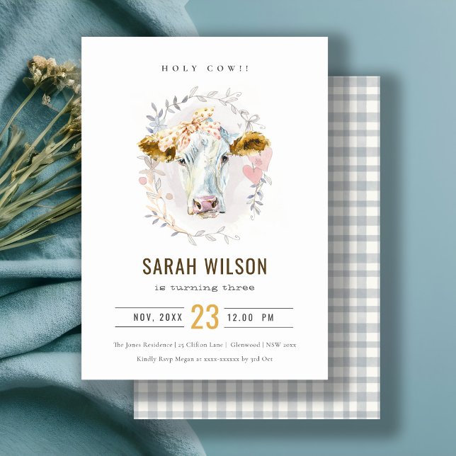 Holy Cow Farm Floral Kids Any Age Birthday Invite (Creator Uploaded)