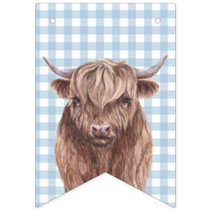 Holy Cow first birthday Blue Plaid Brown Cow Print Bunting