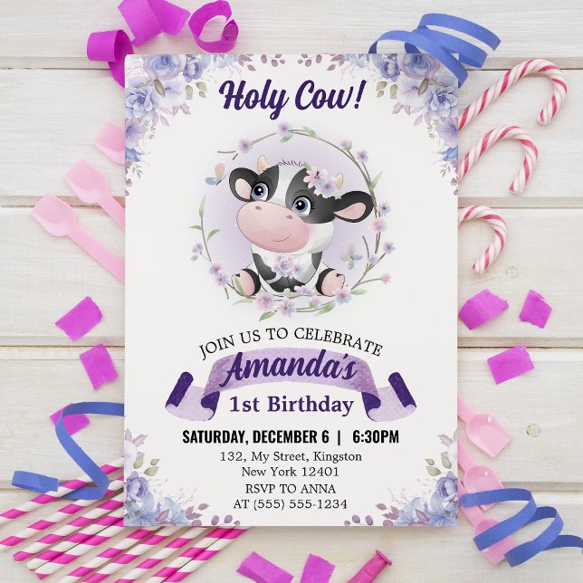 Holy Cow Floral 1st Birthday Party Invitation (Creator Uploaded)