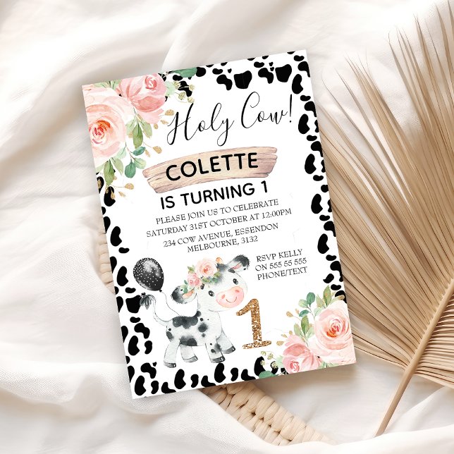 Holy Cow Floral and Cow Print 1st Birthday Invitat Invitation (Girls Holy Cow 1st Birthday Invitation, Cow Themed First Birthday Invitation, Floral Black Cow Print)