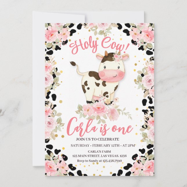 Holy Cow Floral and Cow Print Birthday Invitation (Front)