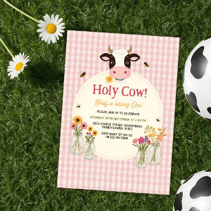 Holy Cow Floral Pink Gingham Girl 1st Birthday Invitation