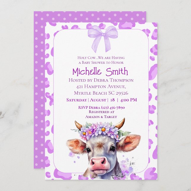  Holy Cow Floral Purple Baby Shower   Invitation (Front/Back)