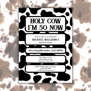 Holy Cow Funny Black White 50th Birthday Invitation