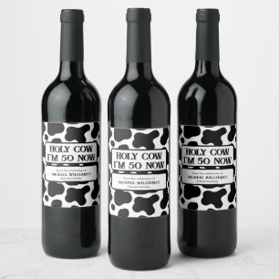 Holy Cow Funny Black White 50th Birthday Wine Label