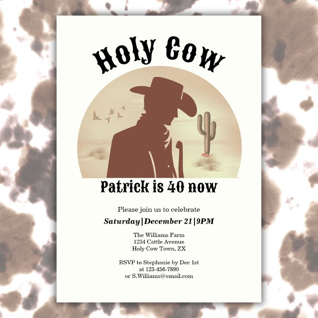 Holy Cow Funny Vintage Cowboy 40th Birthday Invitation (Creator Uploaded)