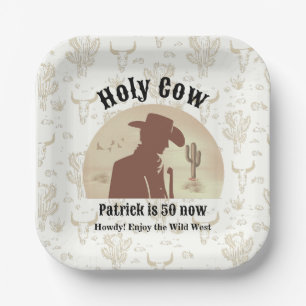 Holy Cow Funny Vintage Cowboy 50th Birthday Paper Plate