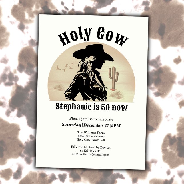 Holy Cow Funny Vintage Cowgirl 50th Birthday Invitation (Creator Uploaded)