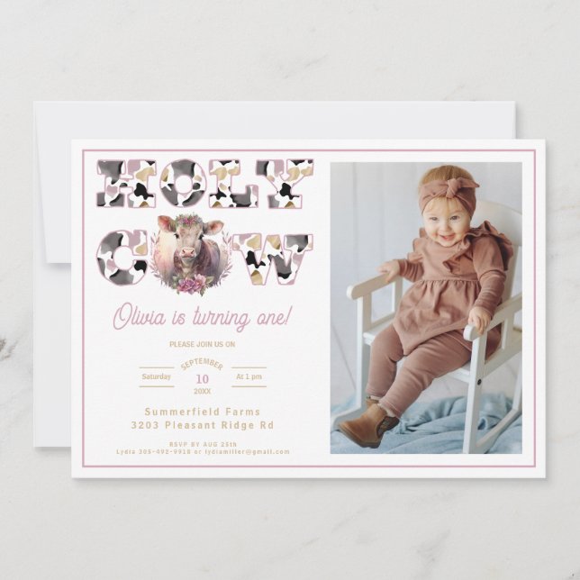 Holy Cow Girl 1st Birthday Photo Invite (Front)