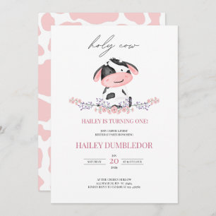 Holy Cow Girl First Birthday Rustic Pink Pattern Invitation