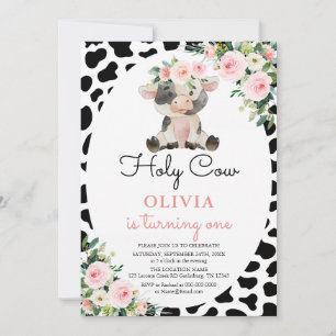 Holy Cow Girl Pink Floral Farm Birthday Invitation