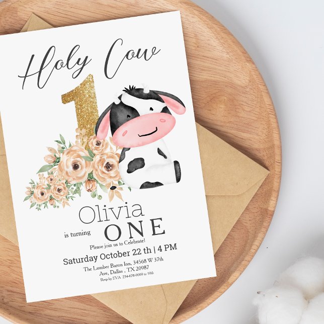 Holy Cow Gold Flowers 1st Birthday Party Invitation (Creator Uploaded)