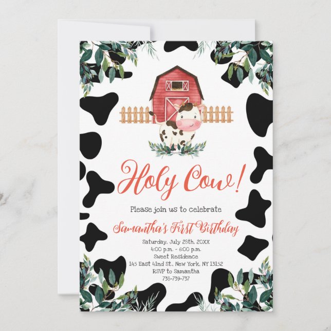 Holy Cow Greenery First Birthday Party Invitation (Front)