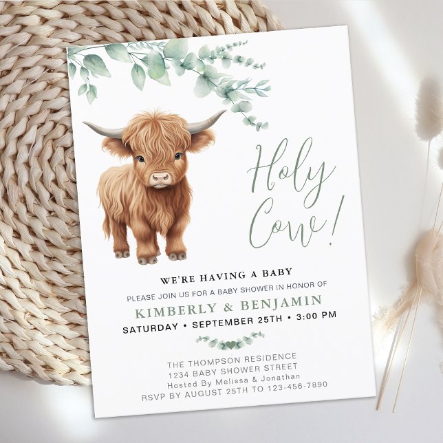 Holy Cow Greenery Highland Cow Couples Baby Shower Invitation Postcard (Creator Uploaded)