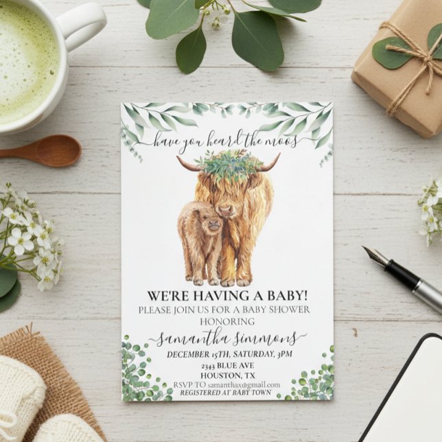 Holy Cow Highland Calf Baby Shower Eucalyptus  Invitation (Creator Uploaded)