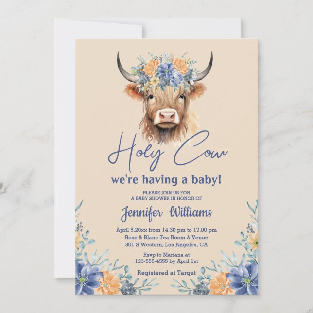 holy cow highland calf baby shower floral  invitation (Front)