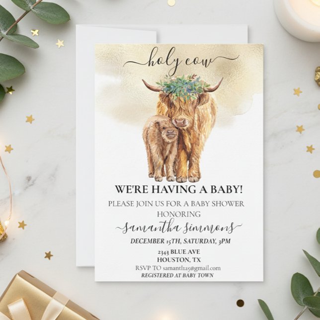 Holy Cow Highland Calf Baby Shower Watercolor Gold Invitation (Creator Uploaded)