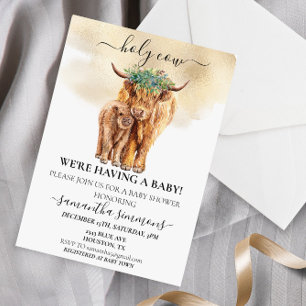 Holy Cow Highland Calf Baby Shower Watercolor Gold Invitation